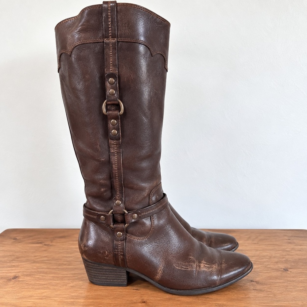 Sofft Womens 9.5W Brown Leather Tall Riding Boots Western Harness Knee High